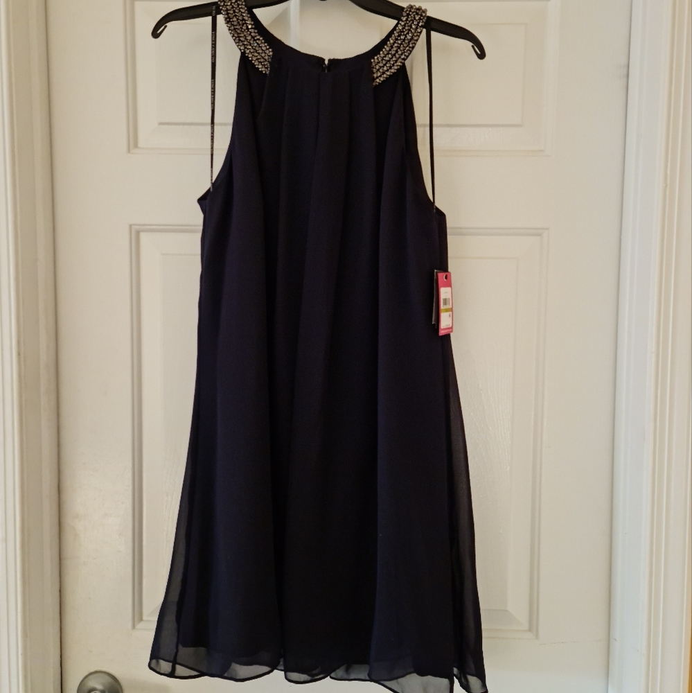 Vince Camuto navy jeweled neck, chiffon dress, new with tags, size 14